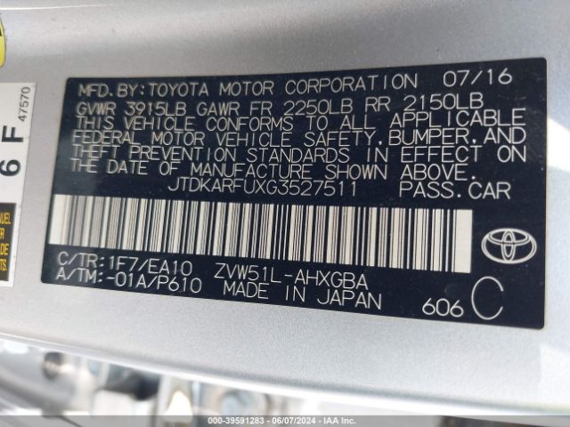 Photo 8 VIN: JTDKARFUXG3527511 - TOYOTA PRIUS 