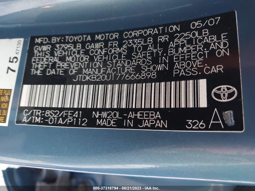 Photo 8 VIN: JTDKB20U177666898 - TOYOTA PRIUS 