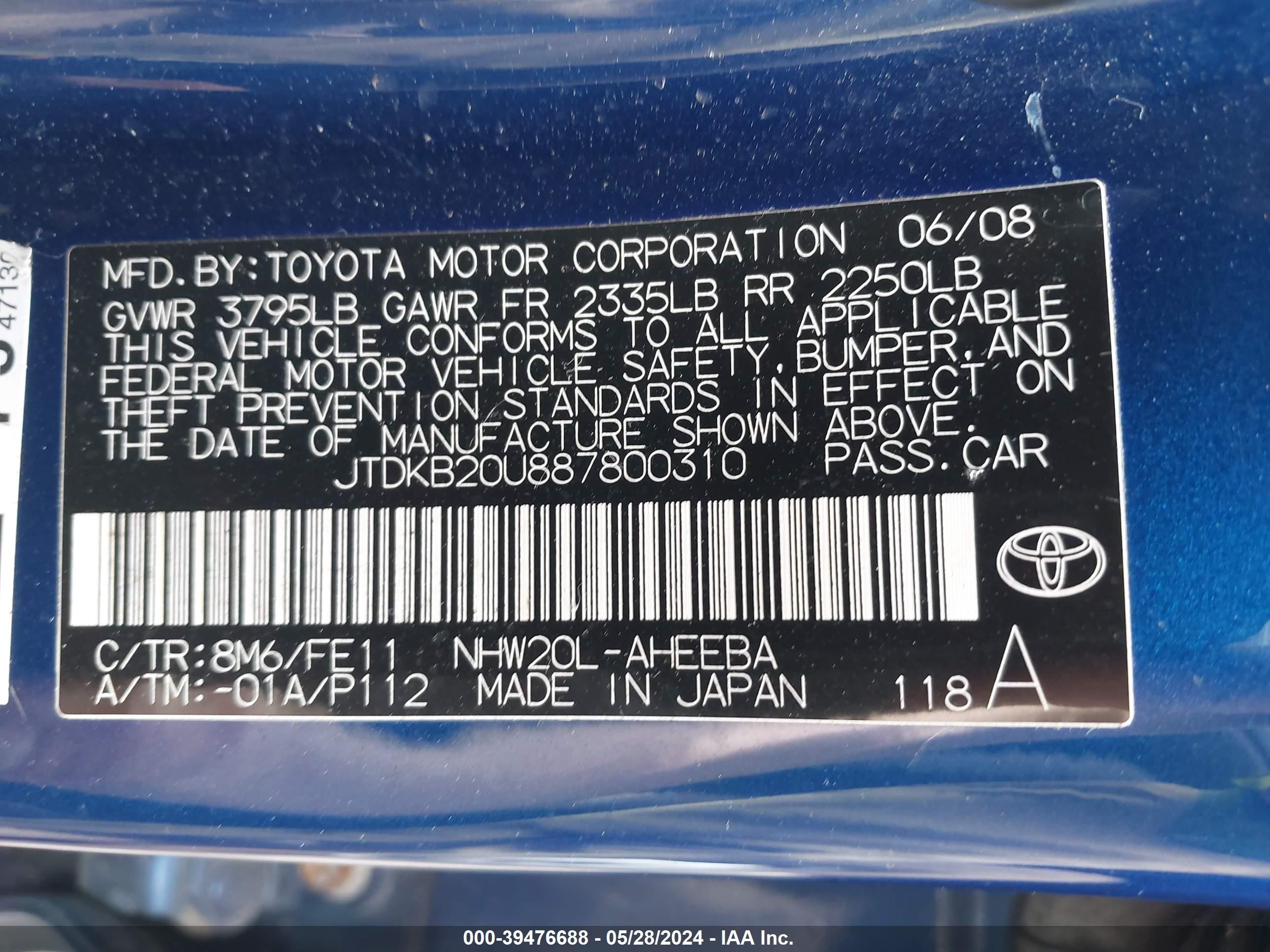 Photo 8 VIN: JTDKB20U887800310 - TOYOTA PRIUS 