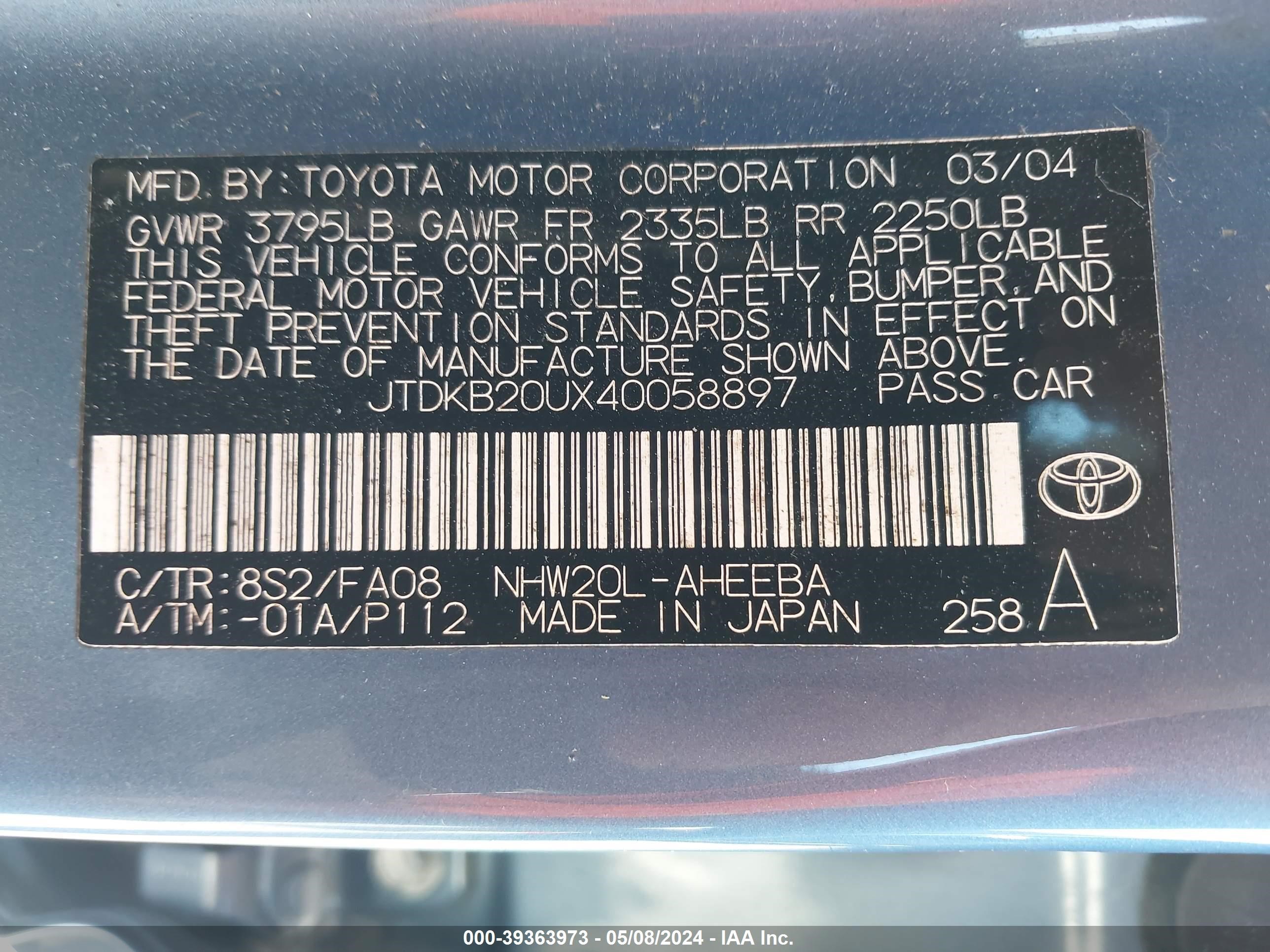 Photo 8 VIN: JTDKB20UX40058897 - TOYOTA PRIUS 