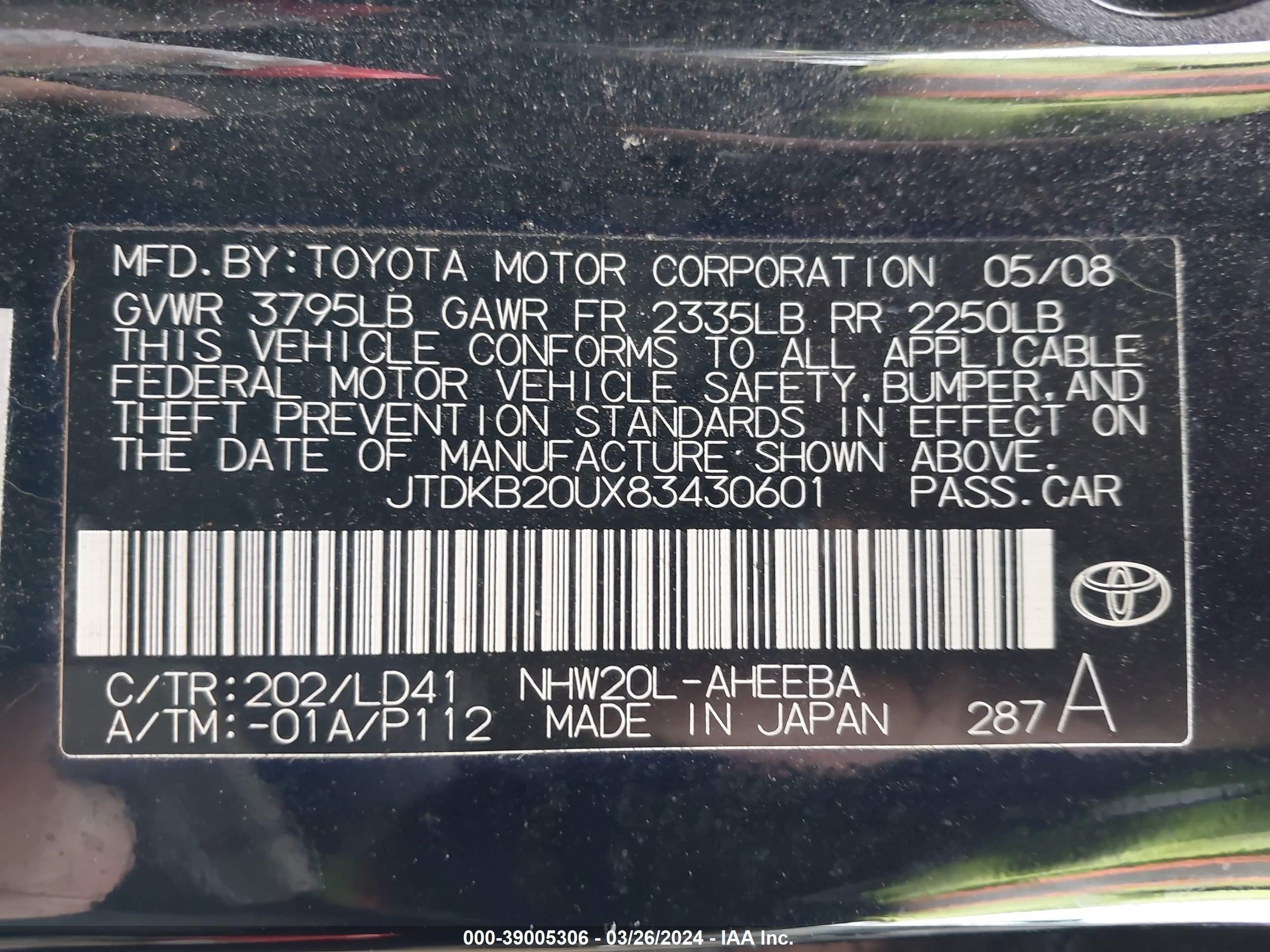 Photo 8 VIN: JTDKB20UX83430601 - TOYOTA PRIUS 