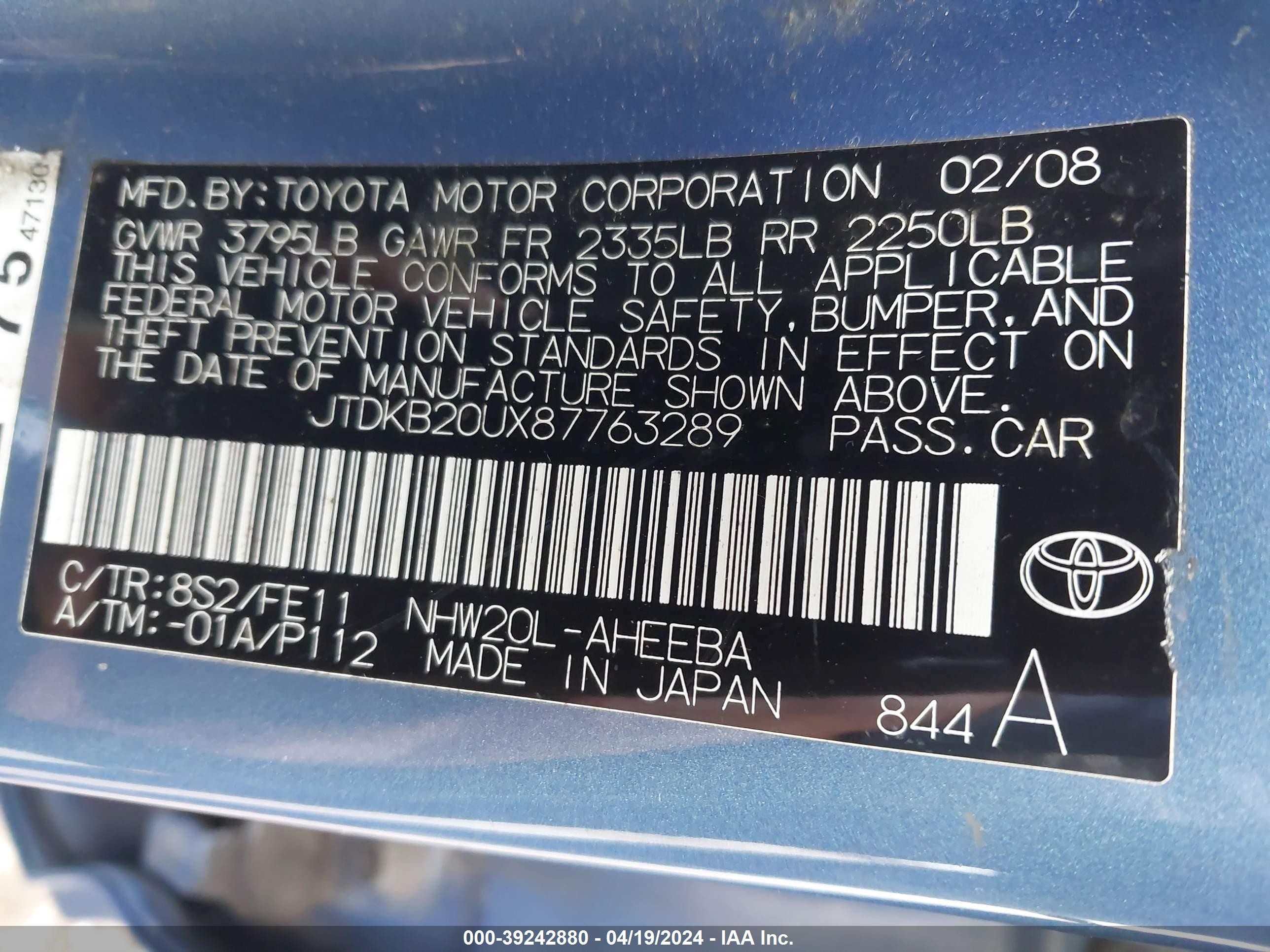 Photo 8 VIN: JTDKB20UX87763289 - TOYOTA PRIUS 