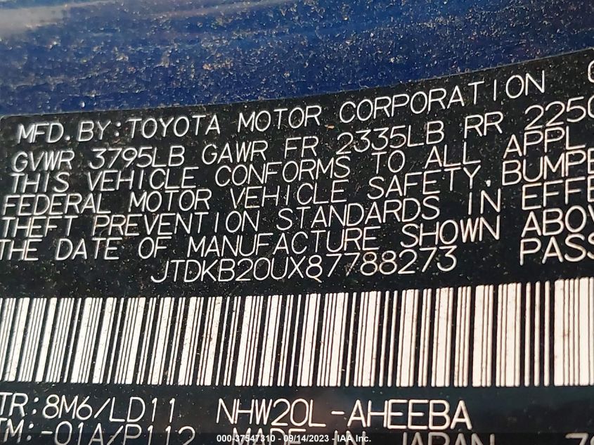 Photo 8 VIN: JTDKB20UX87788273 - TOYOTA PRIUS 