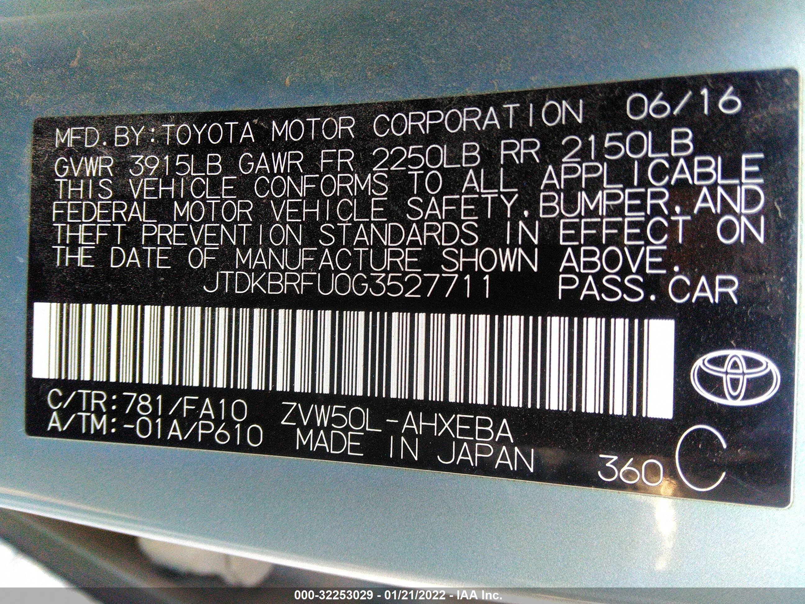 Photo 8 VIN: JTDKBRFU0G3527711 - TOYOTA PRIUS 