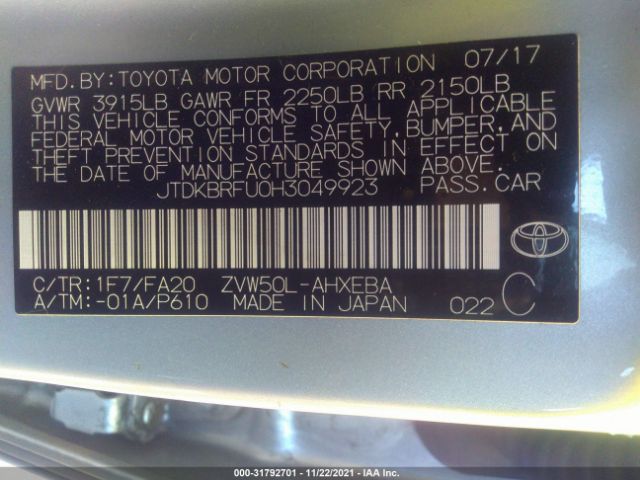 Photo 8 VIN: JTDKBRFU0H3049923 - TOYOTA PRIUS 