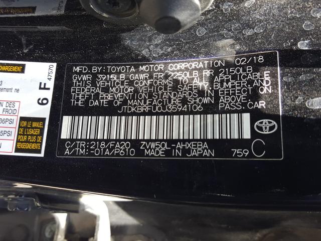 Photo 9 VIN: JTDKBRFU0J3594106 - TOYOTA PRIUS 