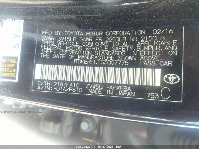 Photo 8 VIN: JTDKBRFU1G3007775 - TOYOTA PRIUS 