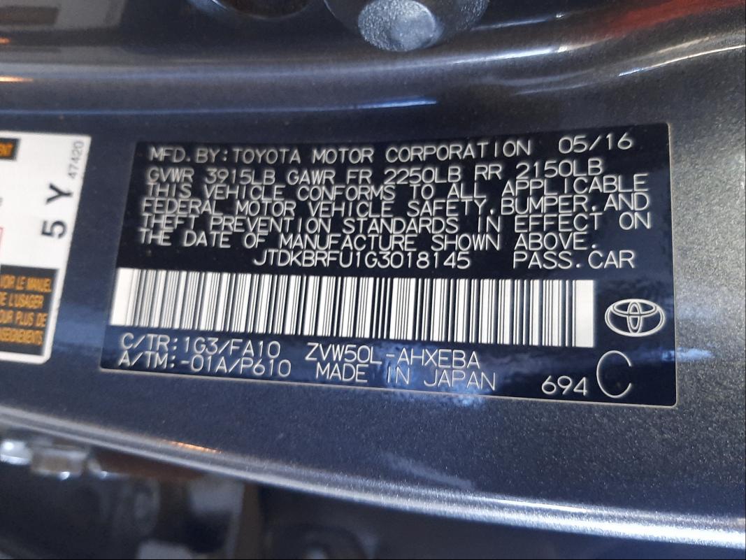 Photo 9 VIN: JTDKBRFU1G3018145 - TOYOTA PRIUS 