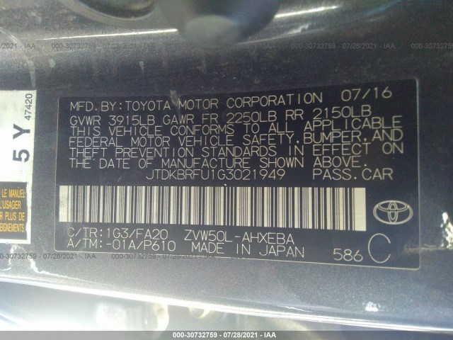 Photo 8 VIN: JTDKBRFU1G3021949 - TOYOTA PRIUS 