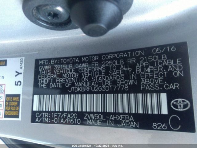 Photo 8 VIN: JTDKBRFU2G3017778 - TOYOTA PRIUS 