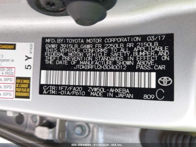 Photo 8 VIN: JTDKBRFU2H3040012 - TOYOTA PRIUS 