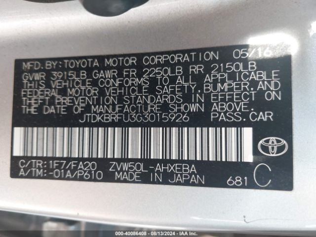 Photo 8 VIN: JTDKBRFU3G3015926 - TOYOTA PRIUS 