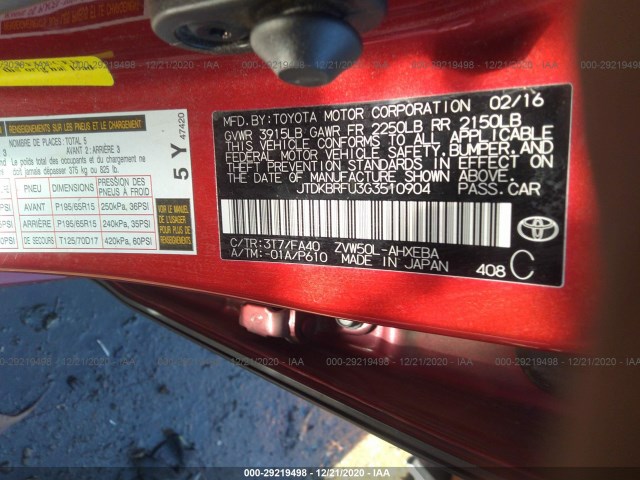 Photo 8 VIN: JTDKBRFU3G3510904 - TOYOTA PRIUS 