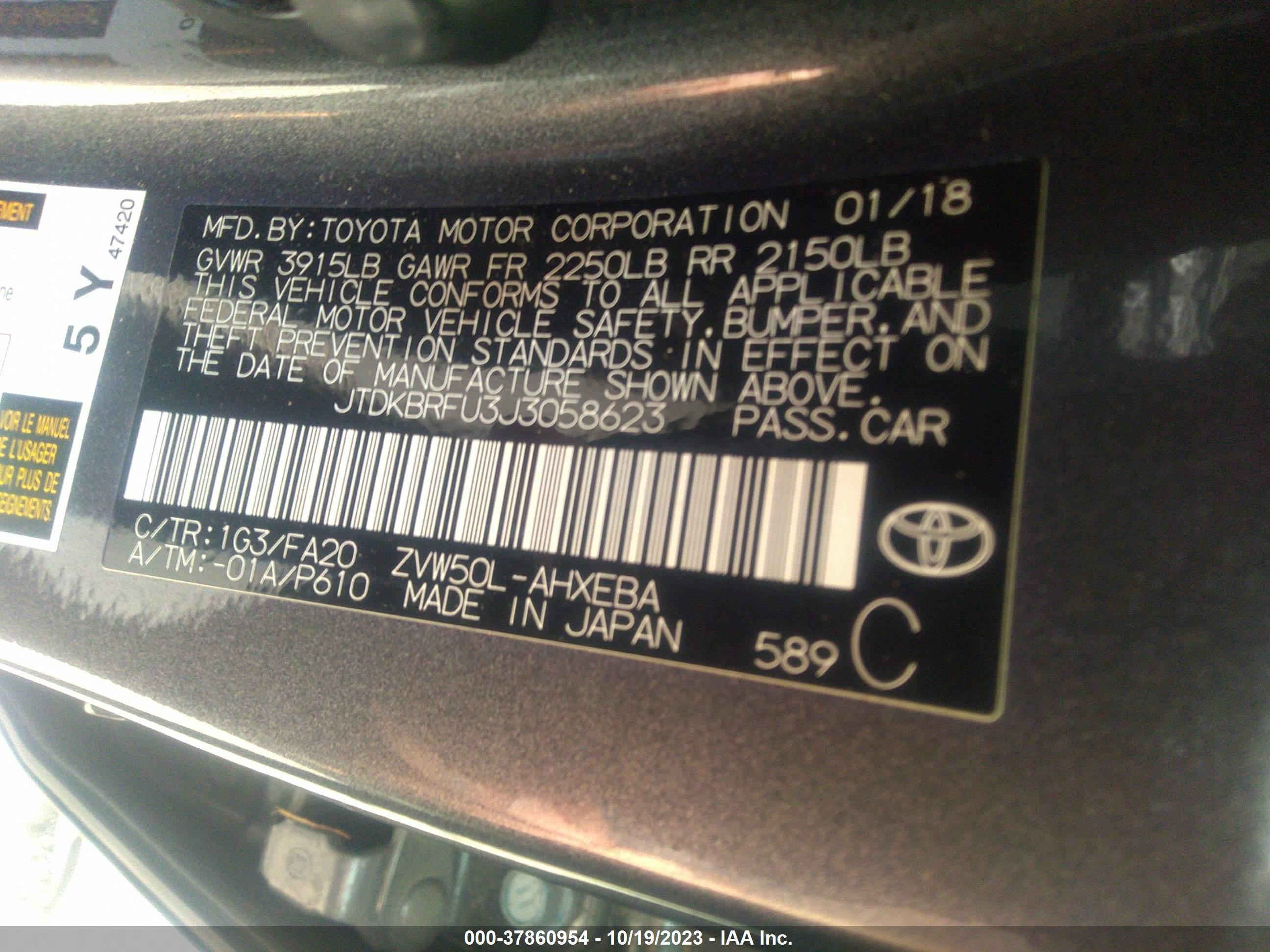 Photo 8 VIN: JTDKBRFU3J3058623 - TOYOTA PRIUS 