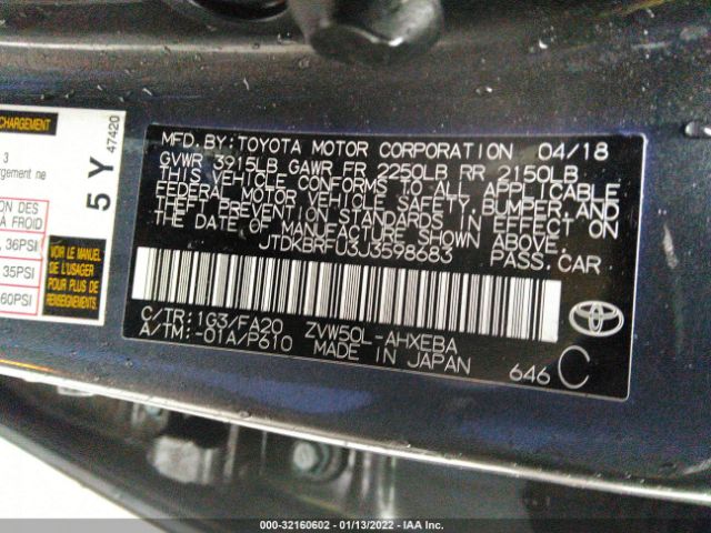 Photo 8 VIN: JTDKBRFU3J3598683 - TOYOTA PRIUS 