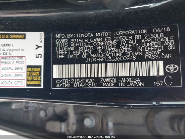 Photo 8 VIN: JTDKBRFU3J3600948 - TOYOTA PRIUS 