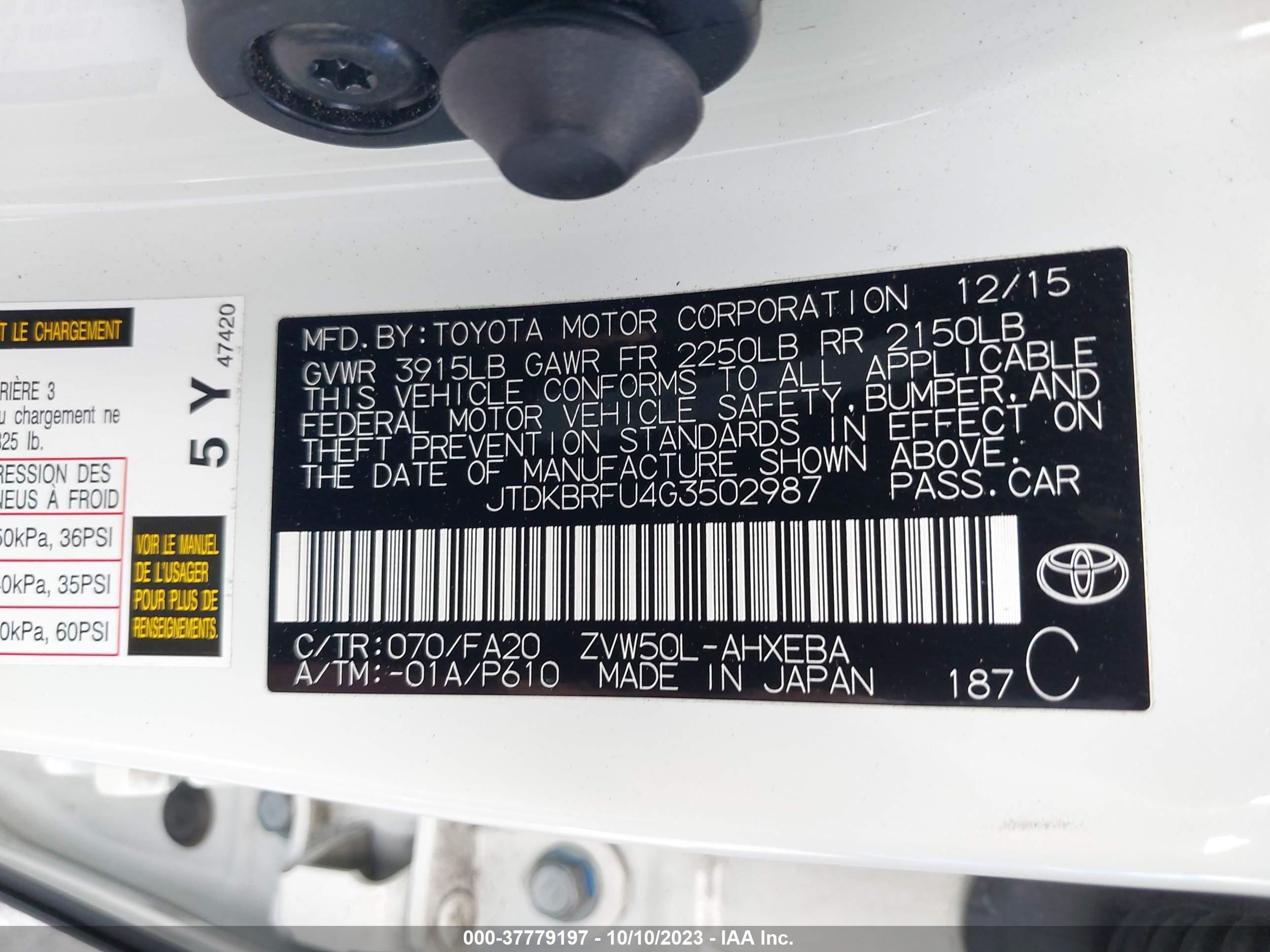 Photo 8 VIN: JTDKBRFU4G3502987 - TOYOTA PRIUS 