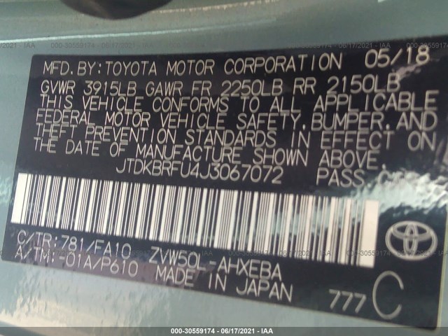 Photo 8 VIN: JTDKBRFU4J3067072 - TOYOTA PRIUS 