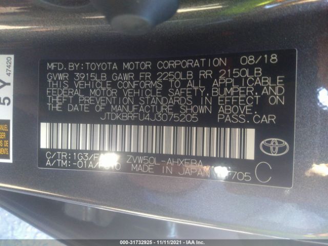 Photo 8 VIN: JTDKBRFU4J3075205 - TOYOTA PRIUS 