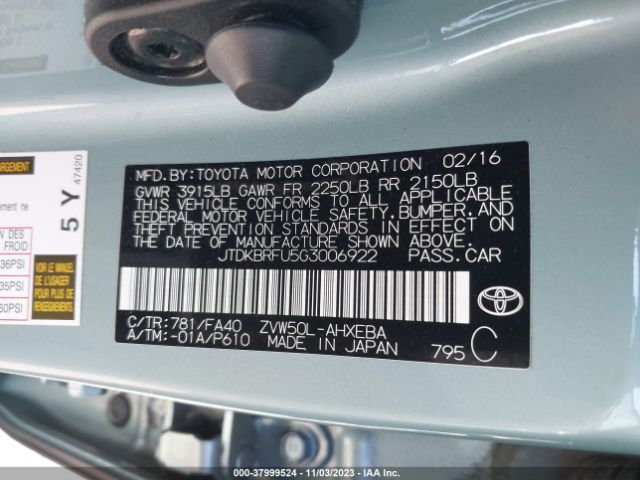 Photo 8 VIN: JTDKBRFU5G3006922 - TOYOTA PRIUS 