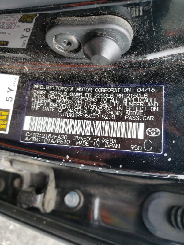 Photo 9 VIN: JTDKBRFU5G3015278 - TOYOTA PRIUS 