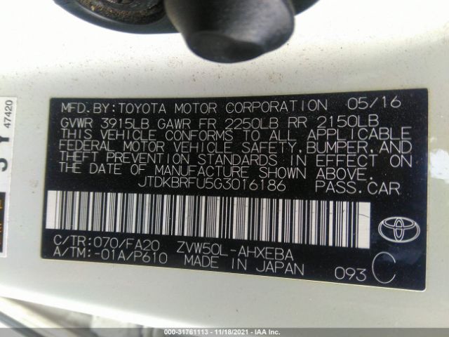 Photo 8 VIN: JTDKBRFU5G3016186 - TOYOTA PRIUS 