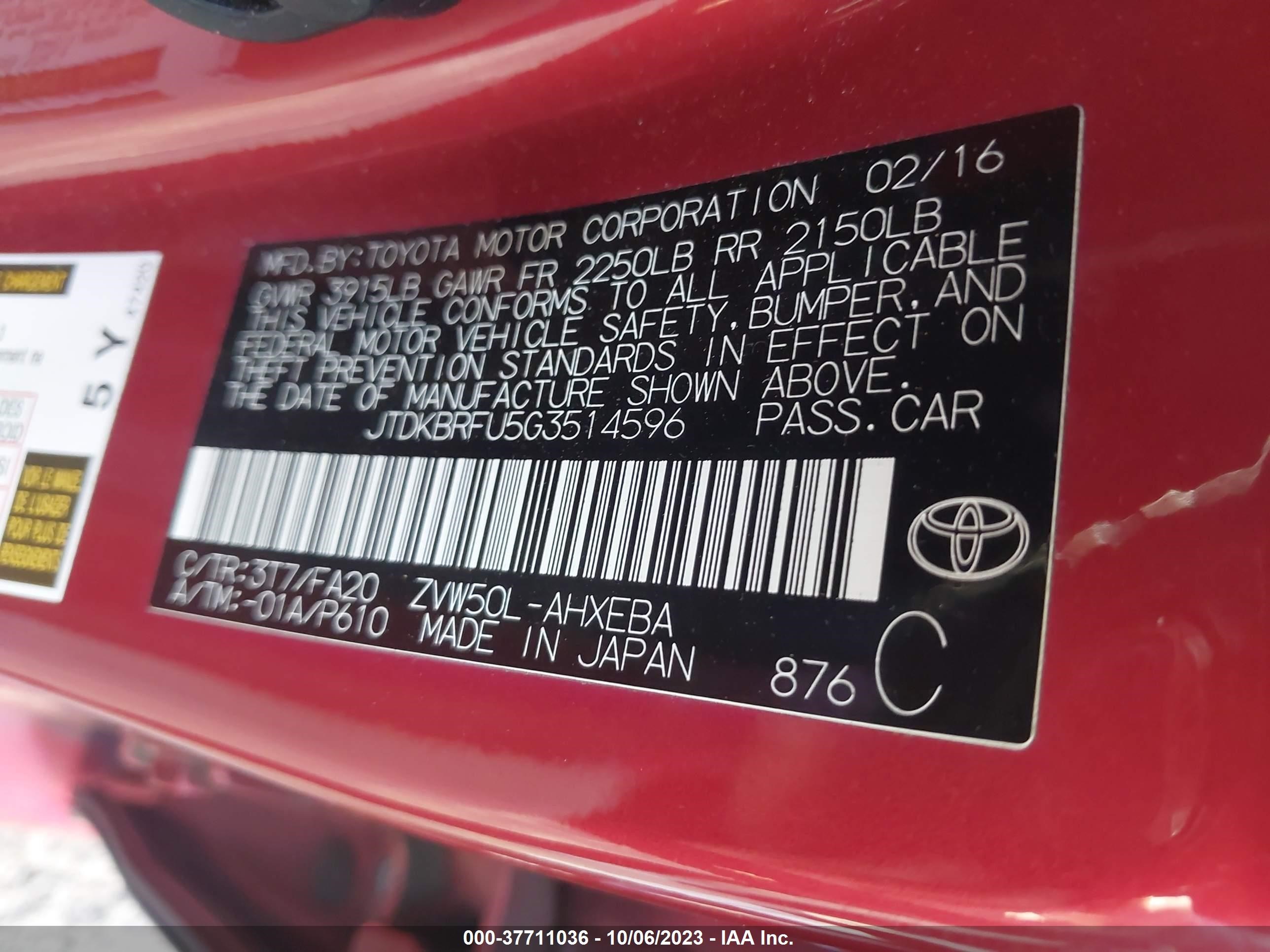 Photo 8 VIN: JTDKBRFU5G3514596 - TOYOTA PRIUS 