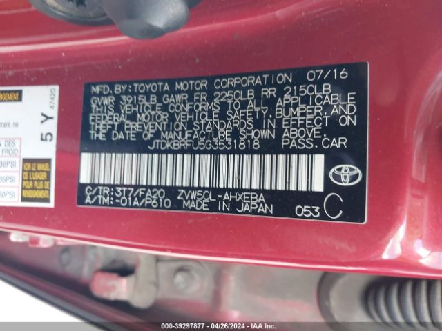 Photo 8 VIN: JTDKBRFU5G3531818 - TOYOTA PRIUS 