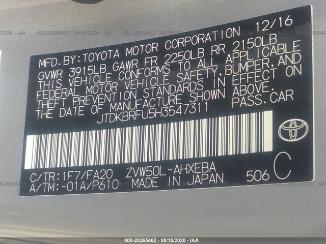 Photo 8 VIN: JTDKBRFU5H3547311 - TOYOTA PRIUS 