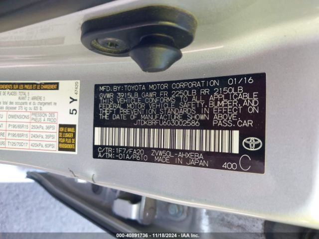 Photo 8 VIN: JTDKBRFU6G3002586 - TOYOTA PRIUS 