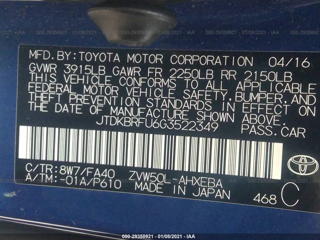 Photo 8 VIN: JTDKBRFU6G3522349 - TOYOTA PRIUS 