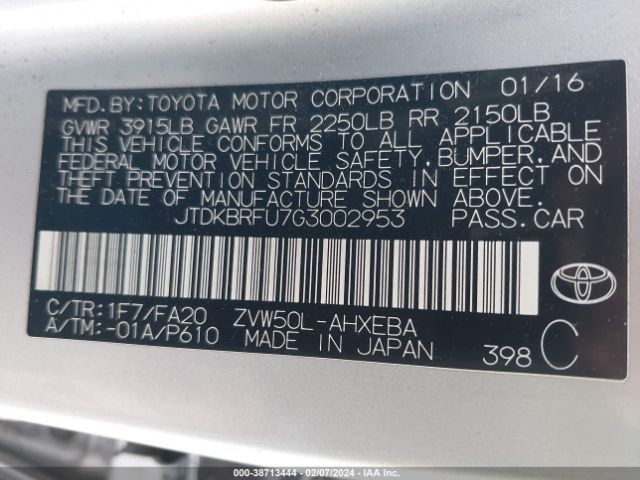 Photo 8 VIN: JTDKBRFU7G3002953 - TOYOTA PRIUS 