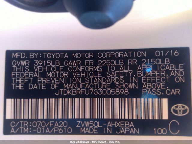 Photo 8 VIN: JTDKBRFU7G3005898 - TOYOTA PRIUS 