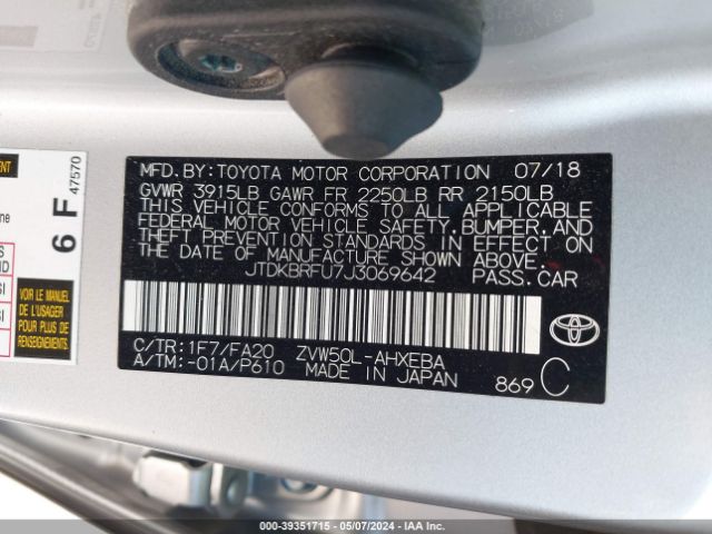 Photo 8 VIN: JTDKBRFU7J3069642 - TOYOTA PRIUS 