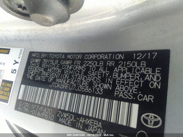 Photo 8 VIN: JTDKBRFU7J3586133 - TOYOTA PRIUS 