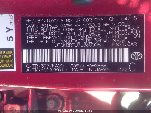 Photo 8 VIN: JTDKBRFU7J3600080 - TOYOTA PRIUS 