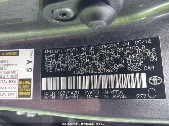 Photo 8 VIN: JTDKBRFU8G3018627 - TOYOTA PRIUS 