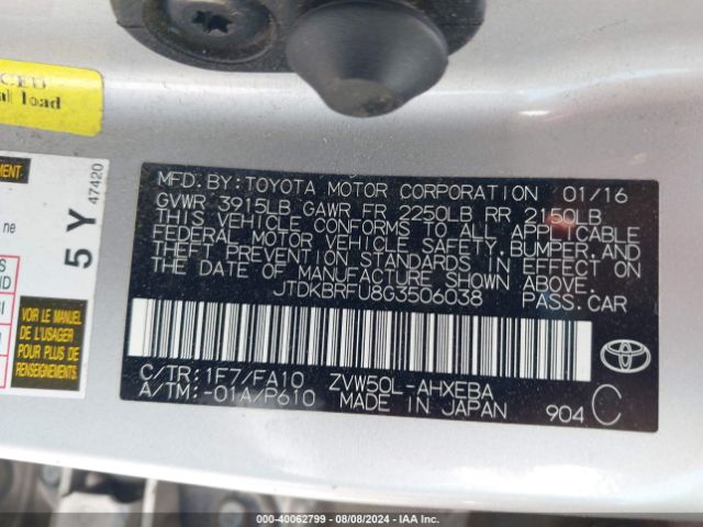 Photo 8 VIN: JTDKBRFU8G3506038 - TOYOTA PRIUS 