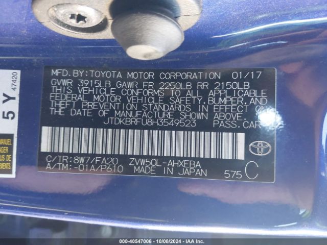 Photo 8 VIN: JTDKBRFU8H3549523 - TOYOTA PRIUS 