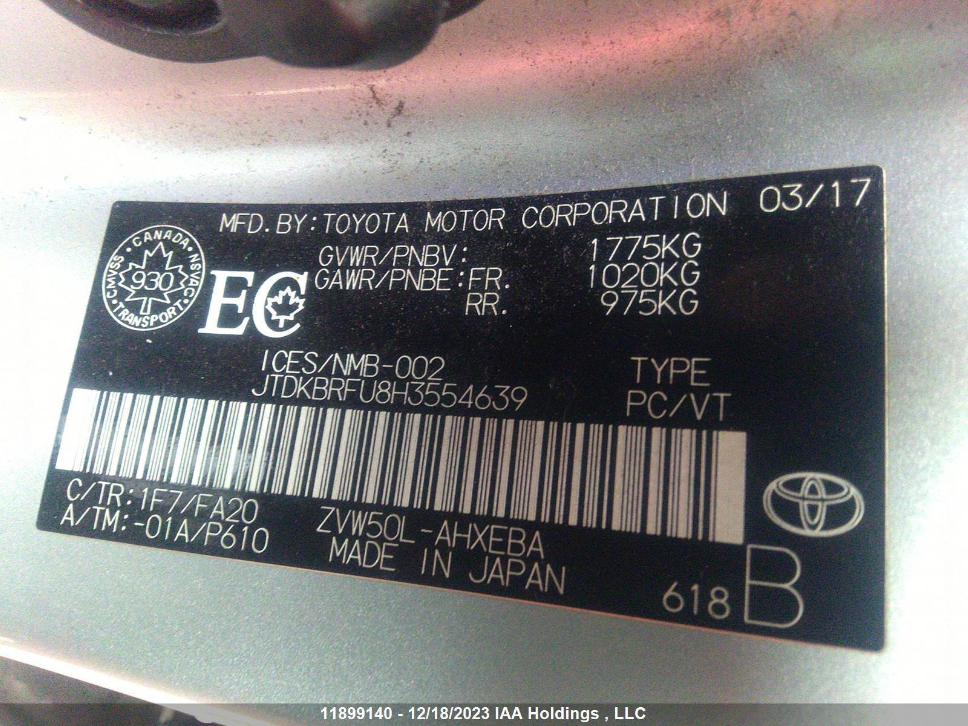 Photo 8 VIN: JTDKBRFU8H3554639 - TOYOTA PRIUS 