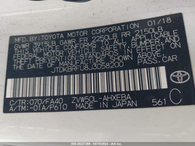 Photo 8 VIN: JTDKBRFU8J3058200 - TOYOTA PRIUS 