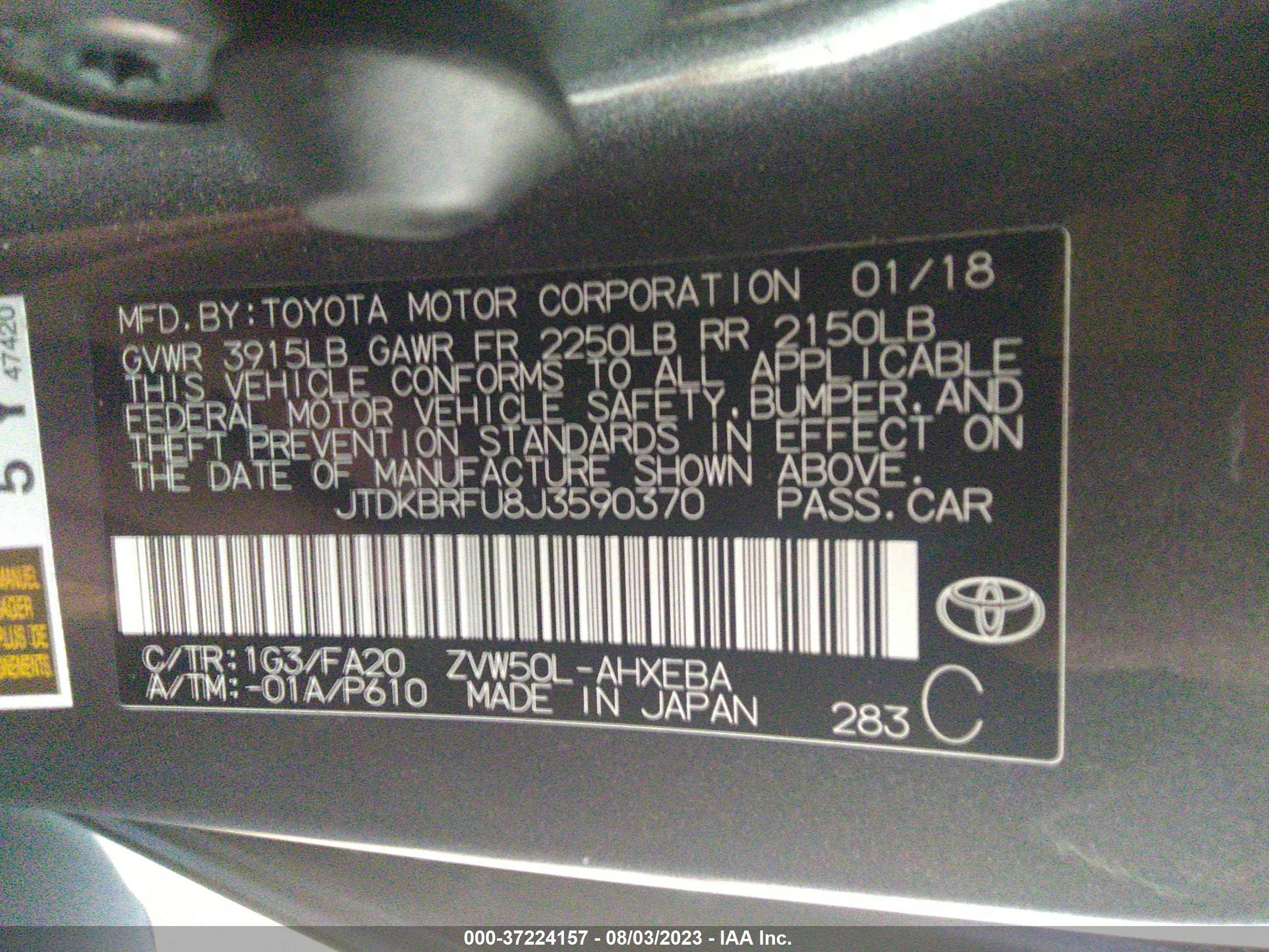 Photo 8 VIN: JTDKBRFU8J3590370 - TOYOTA PRIUS 