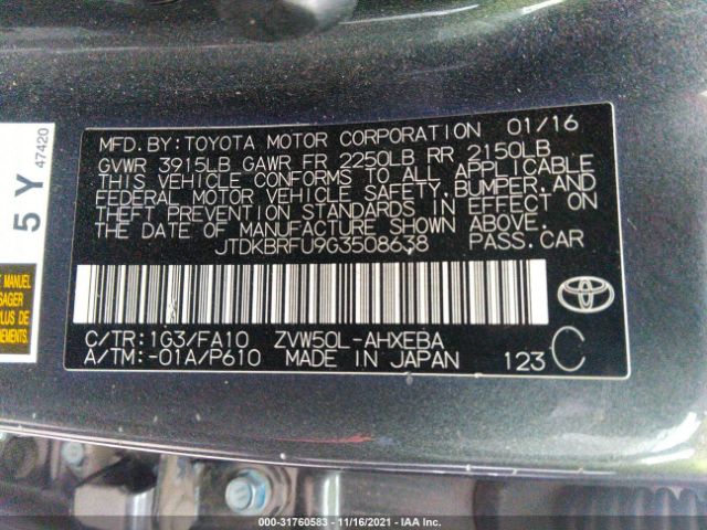 Photo 8 VIN: JTDKBRFU9G3508638 - TOYOTA PRIUS 