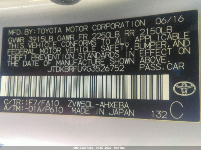 Photo 8 VIN: JTDKBRFU9G3526752 - TOYOTA PRIUS 