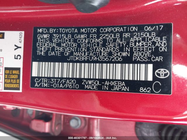 Photo 8 VIN: JTDKBRFU9H3567206 - TOYOTA PRIUS 