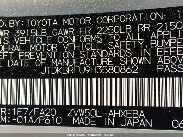 Photo 8 VIN: JTDKBRFU9H3580862 - TOYOTA PRIUS 