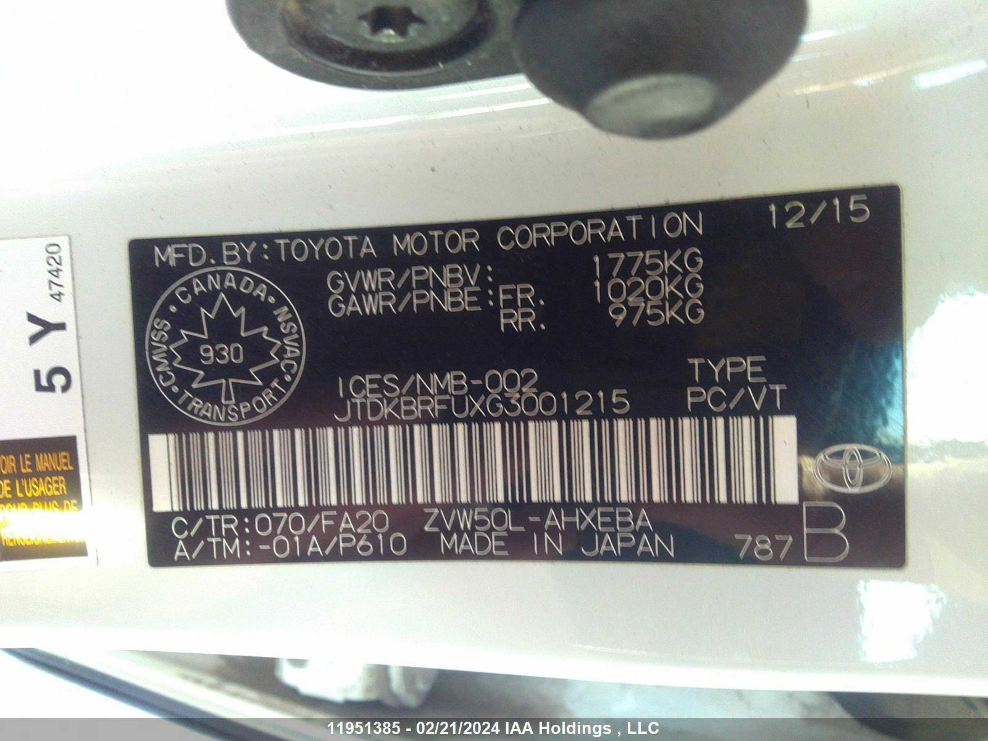 Photo 9 VIN: JTDKBRFUXG3001215 - TOYOTA PRIUS 