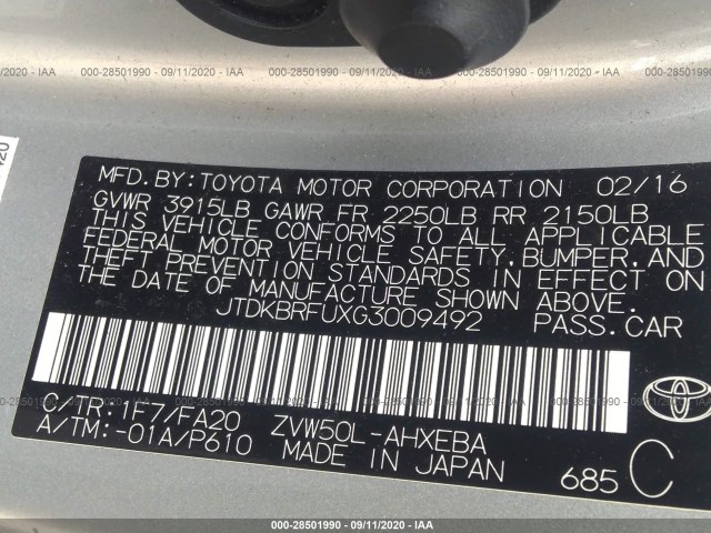 Photo 8 VIN: JTDKBRFUXG3009492 - TOYOTA PRIUS 