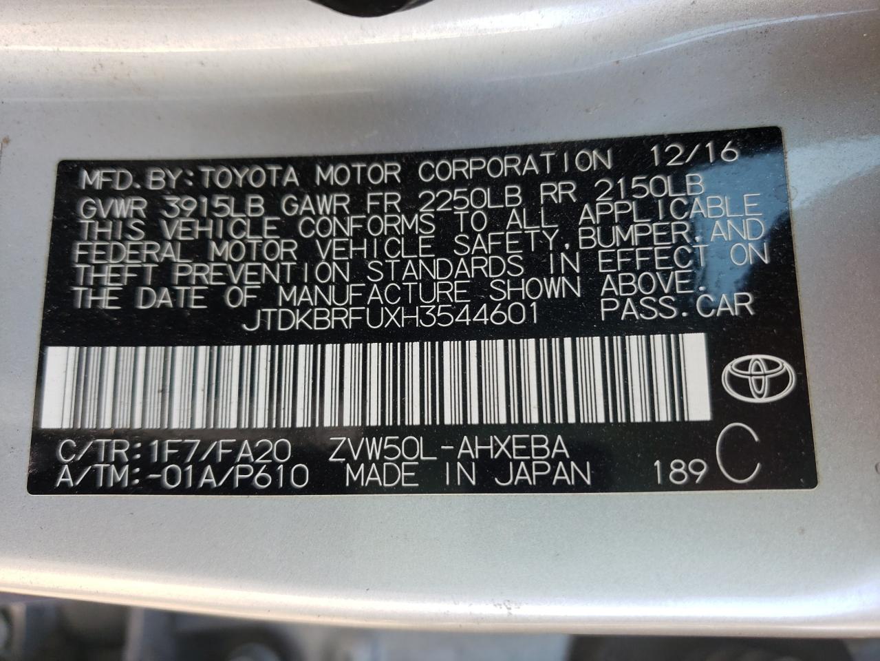 Photo 11 VIN: JTDKBRFUXH3544601 - TOYOTA PRIUS 