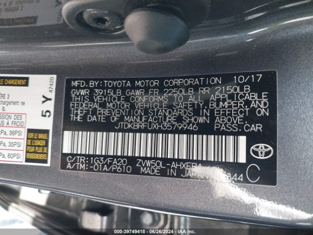 Photo 8 VIN: JTDKBRFUXH3579946 - TOYOTA PRIUS 